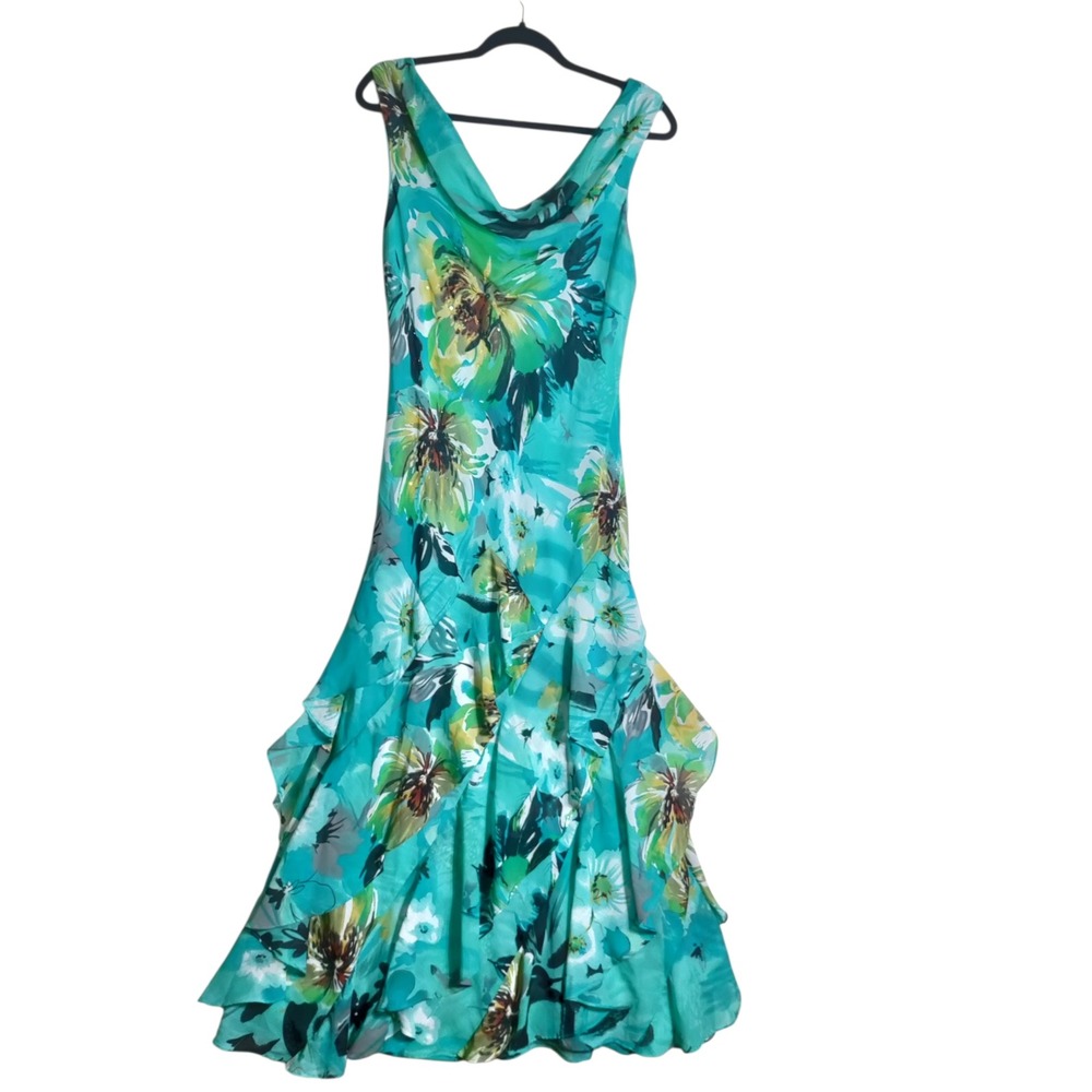 RB Collection New York Teal Floral Tiered Ruffle Maxi Dress Cowl Neck Size 10